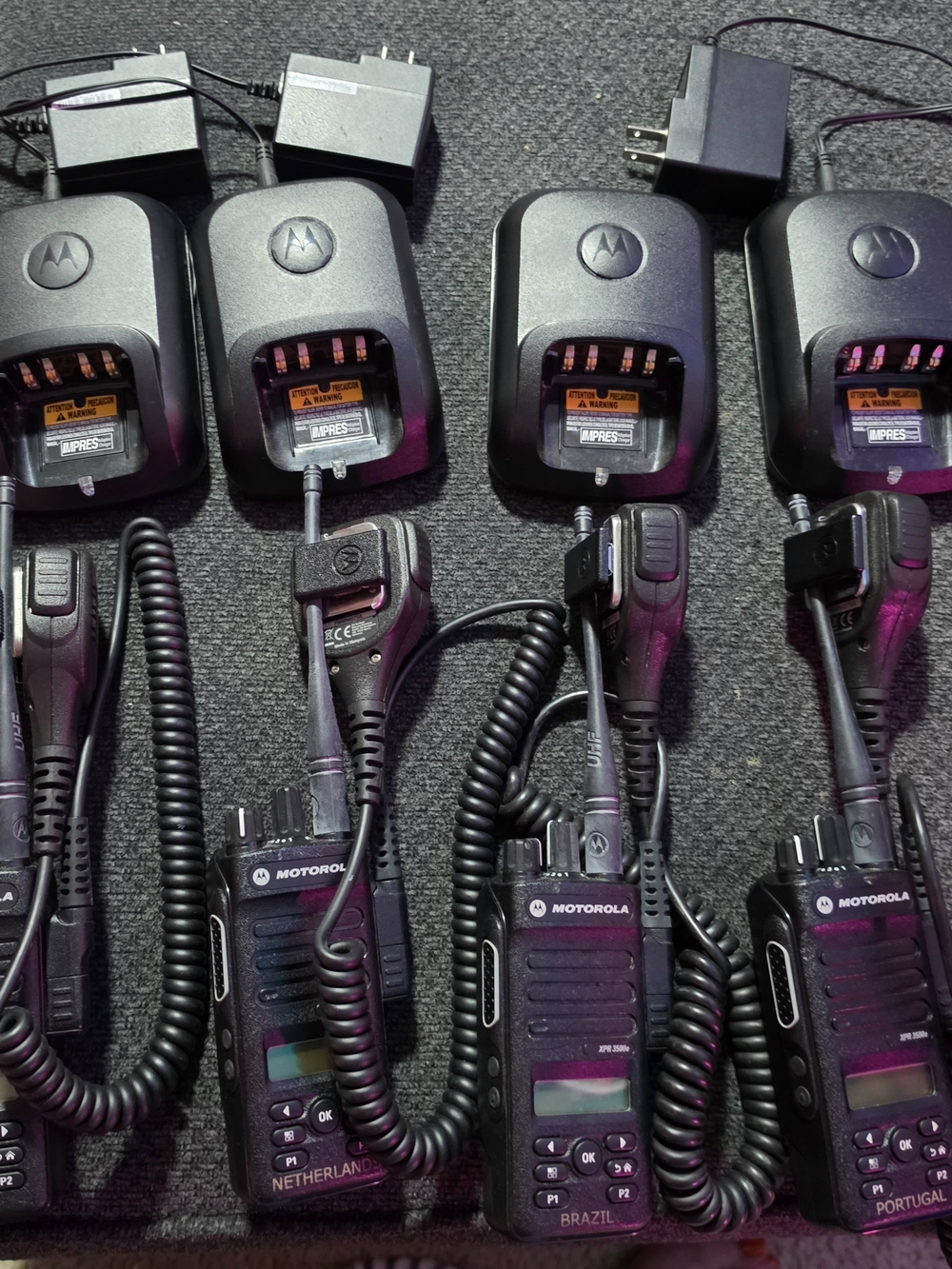 4 Motorola Xpr 3500e Two-Way Radios with Coiled Speaker Mics and Chargers